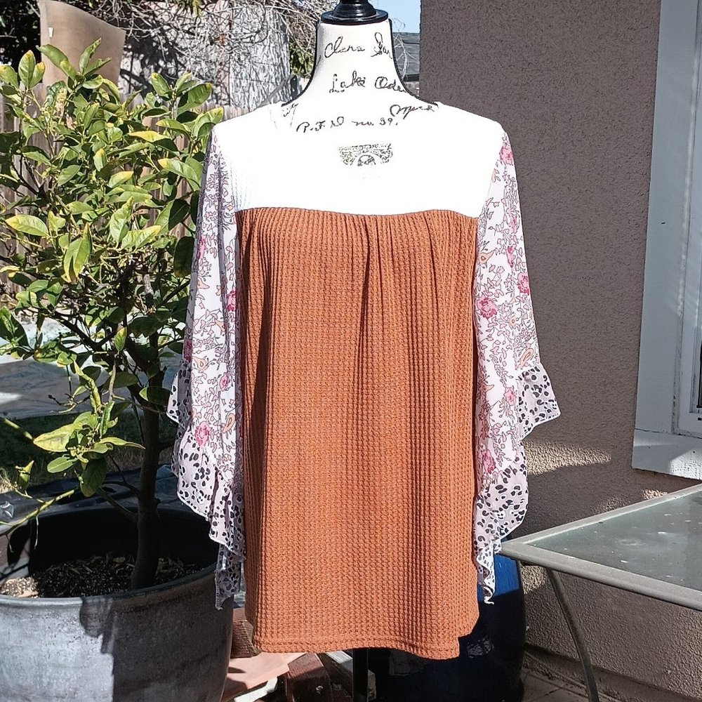 NWOT Ribbed Sheer Angel Sleeve Peasant Top Blouse XL Patchwork Mixed Fabric